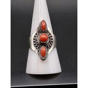 Red Coral Ring, size 9, Vintage, 925 Sterling Silver, Native American Style